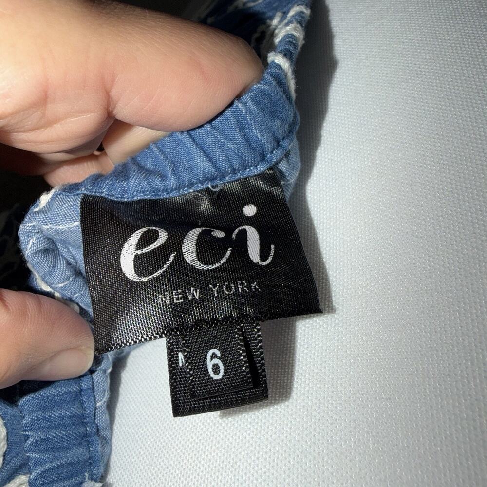 ECI Womens 6 Floral Embroidered Denim Off The Shoulder Dress Blue White Pocket - Picture 7 of 10